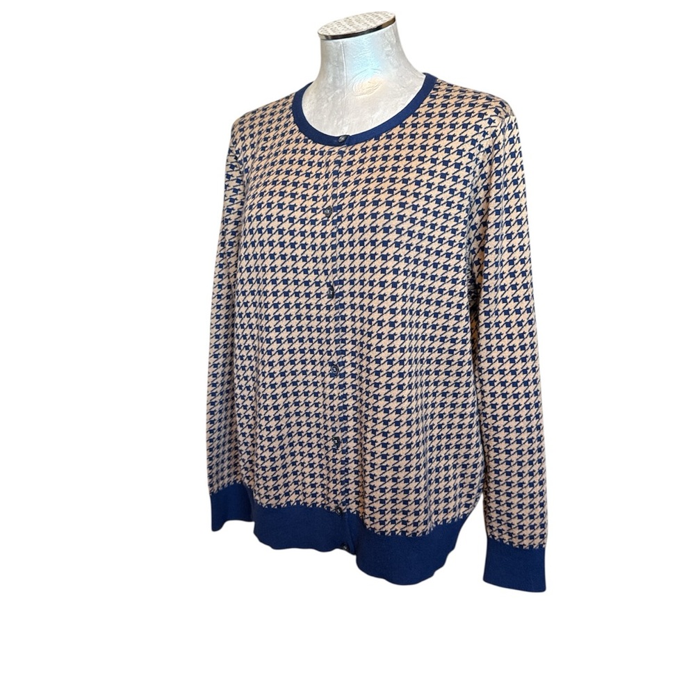 Lands' End Women’s Supima Cotton Blue&Tan Cardigan Sweater Houndstooth L/P 14/16